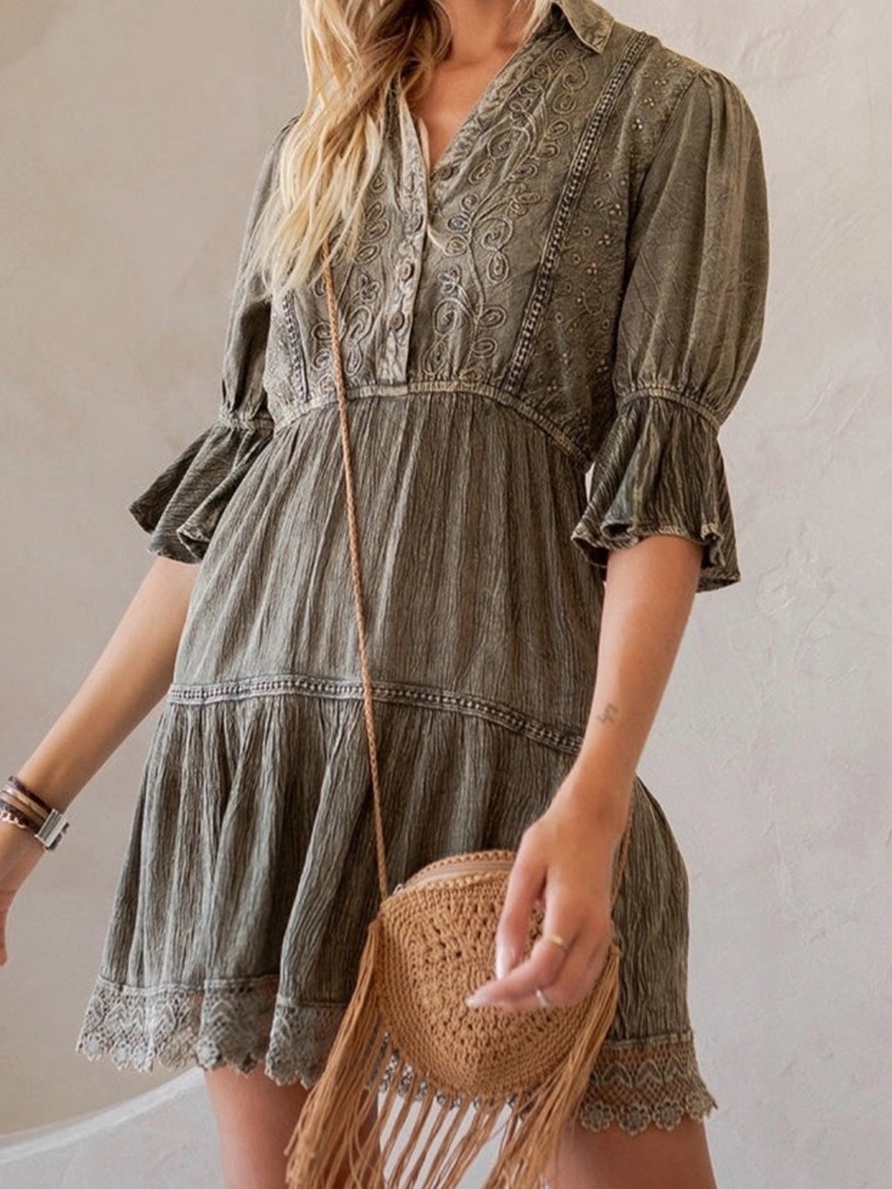Youn Threads Embroidered Olive Green Tunic Dress